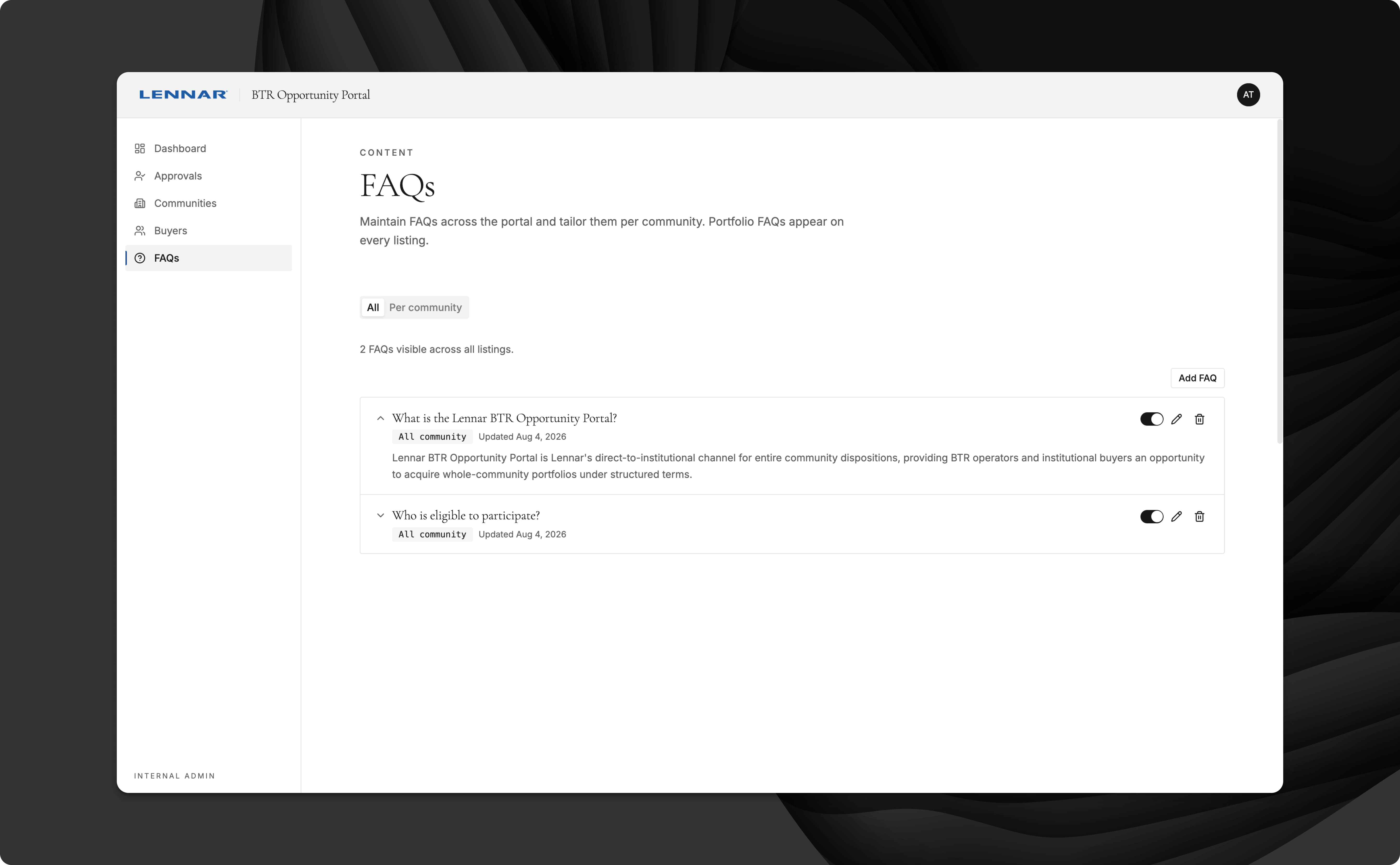 Lennar BTR admin FAQ management interface