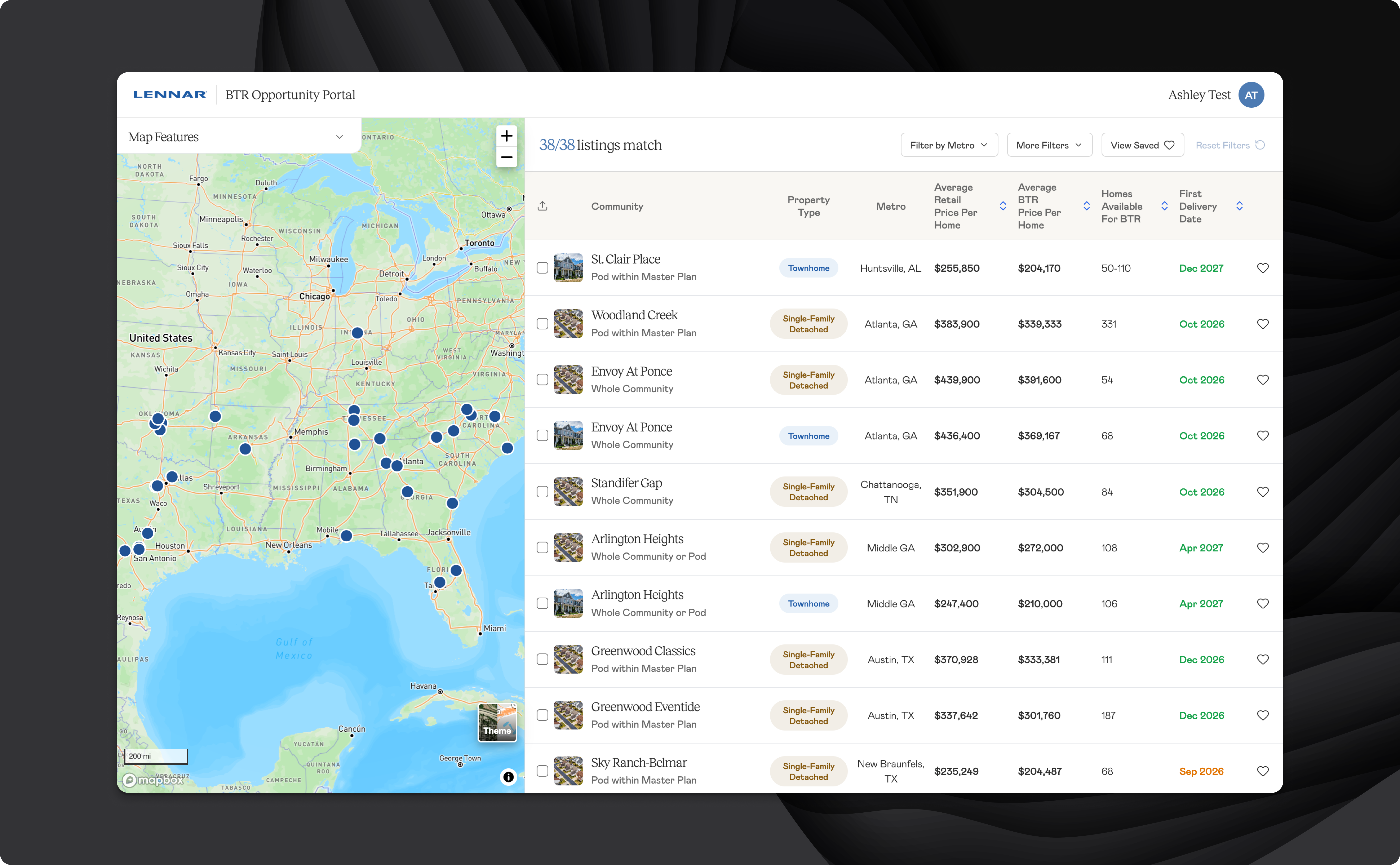 Lennar BTR Opportunity Portal browse view — map and community listings