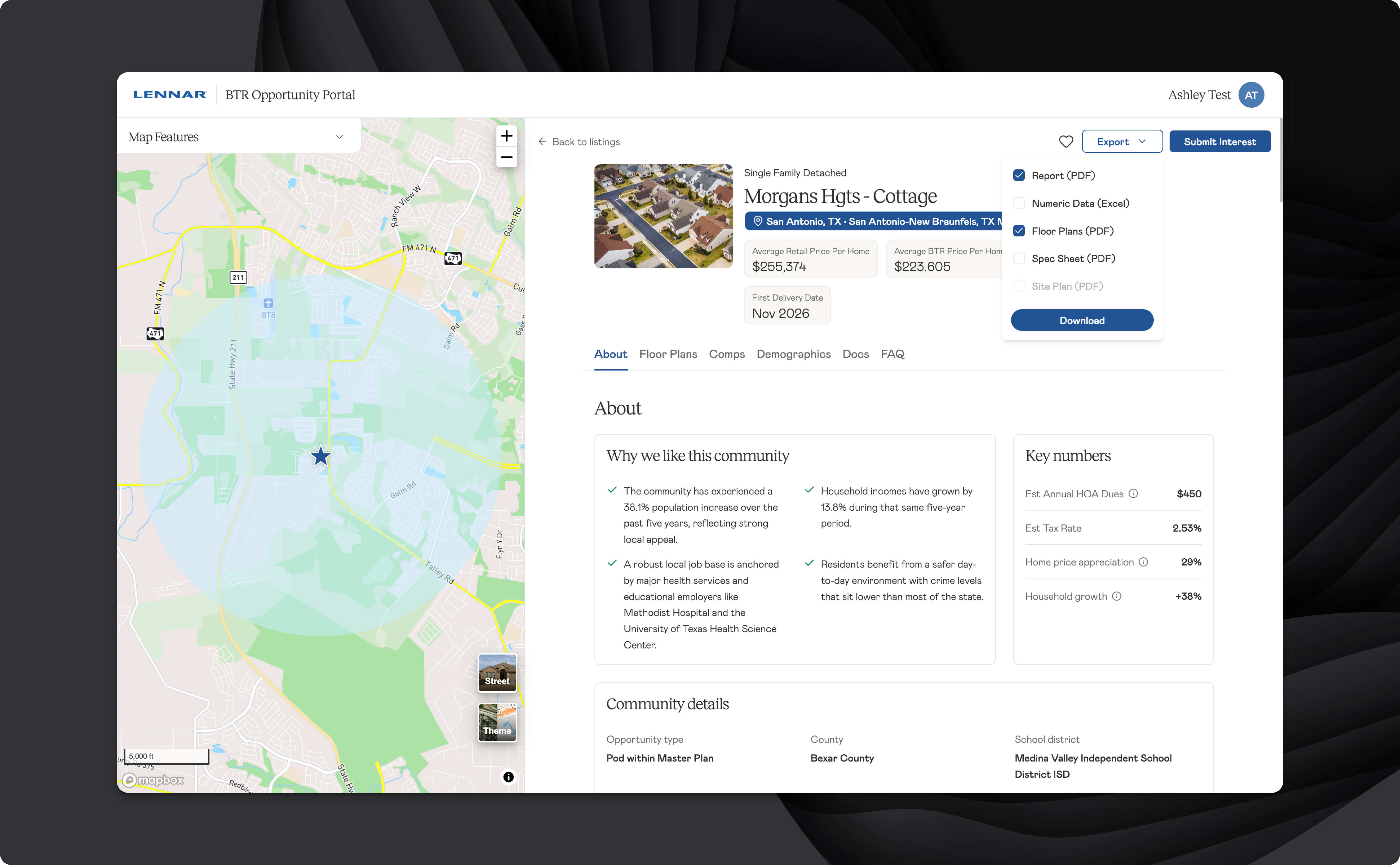 Lennar BTR community detail page — About tab with key numbers and community highlights