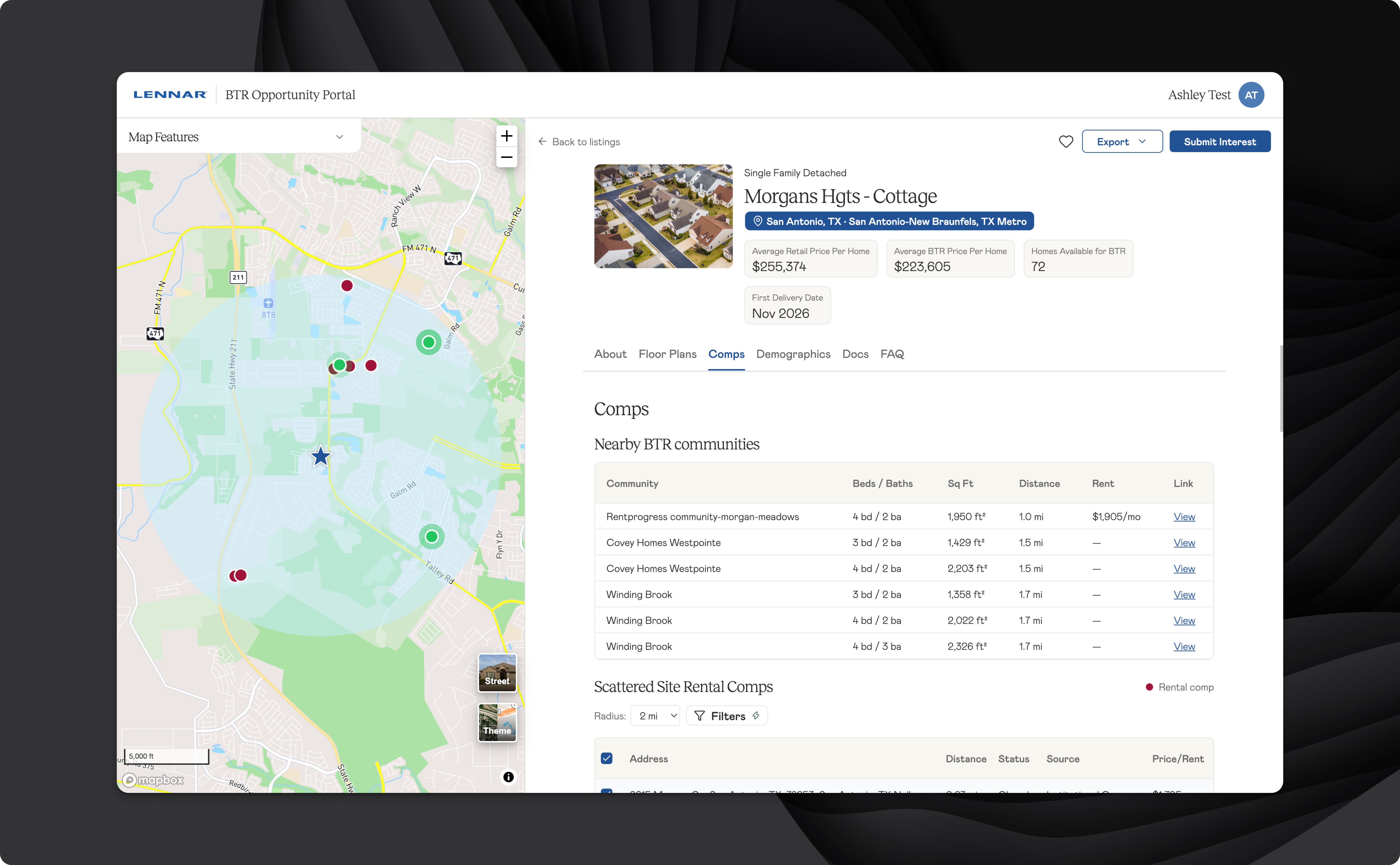 Lennar BTR community detail page — Comps tab with nearby BTR communities and rental data