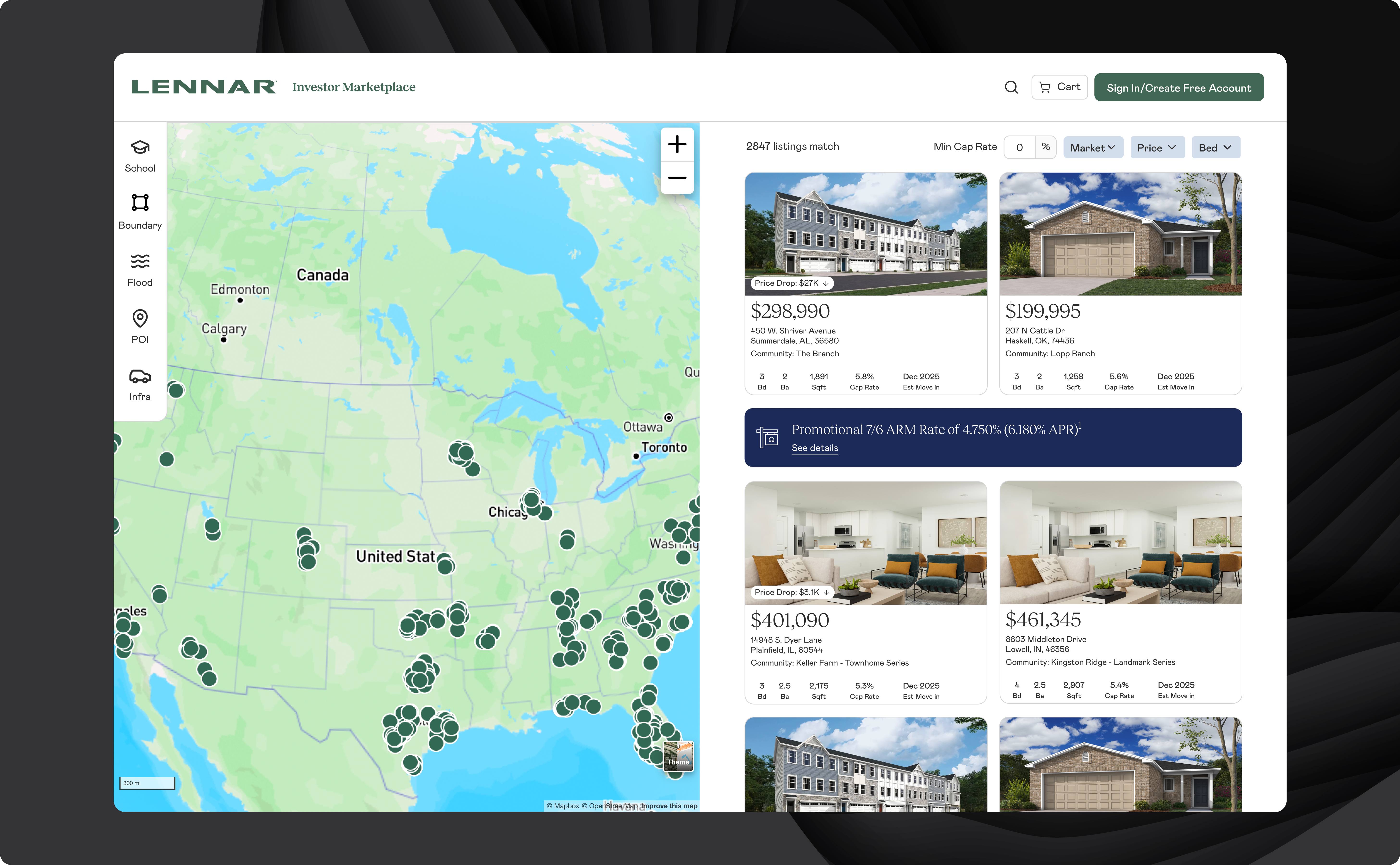 Lennar Investor Marketplace browse view with map and property listings