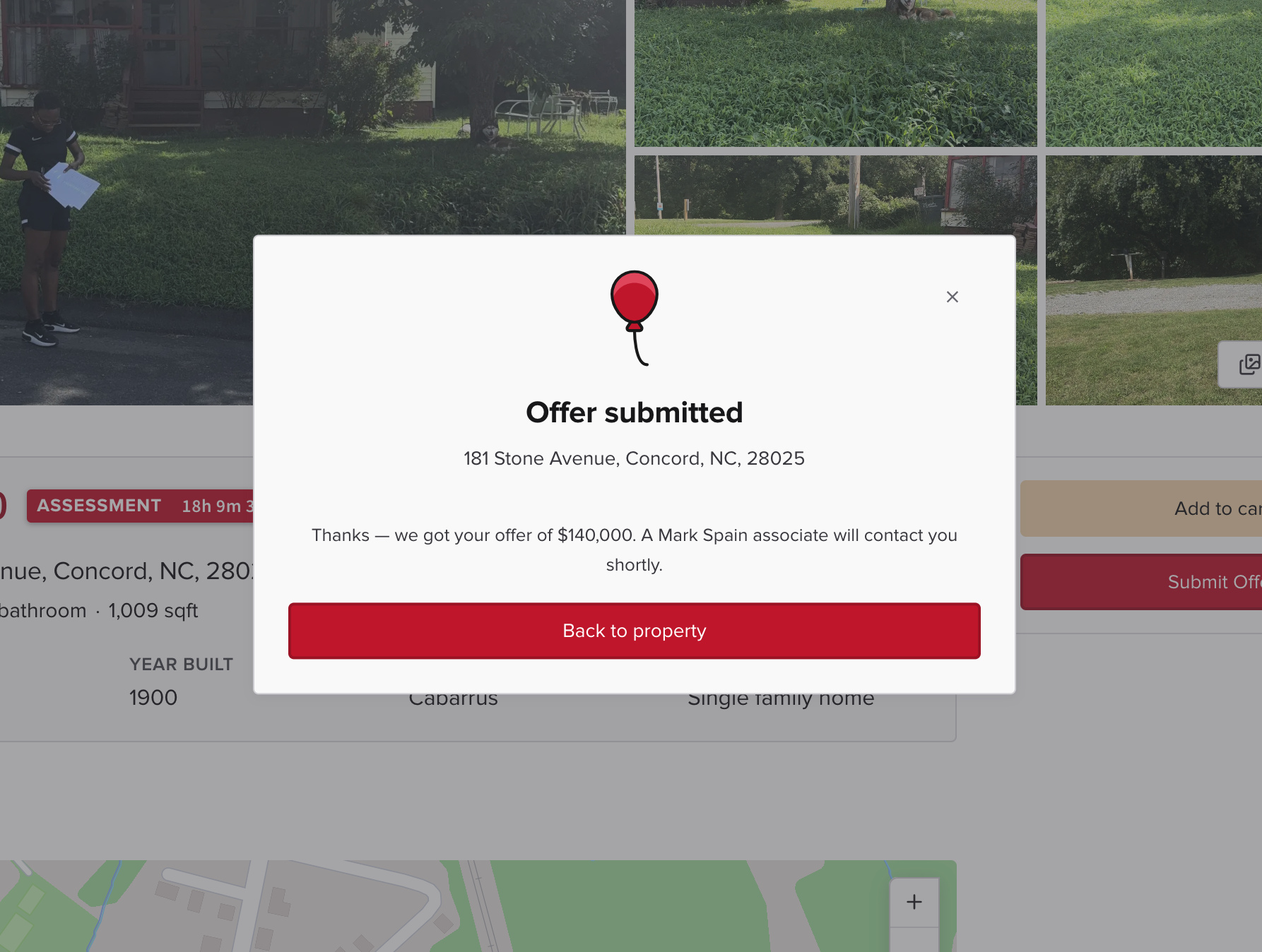 Offer submitted confirmation screen with red balloon illustration