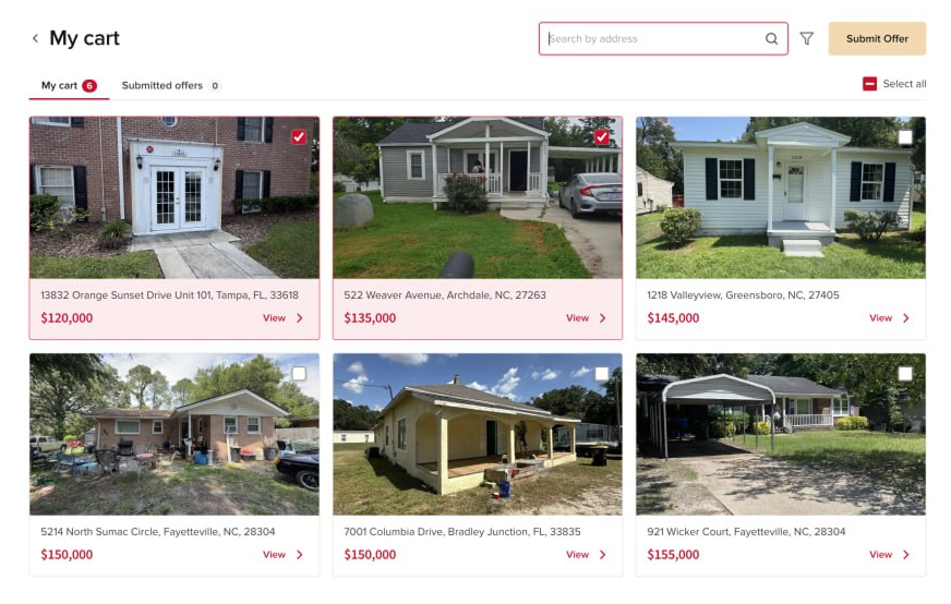 Mark Spain My Cart page showing bulk property selection and offer submission