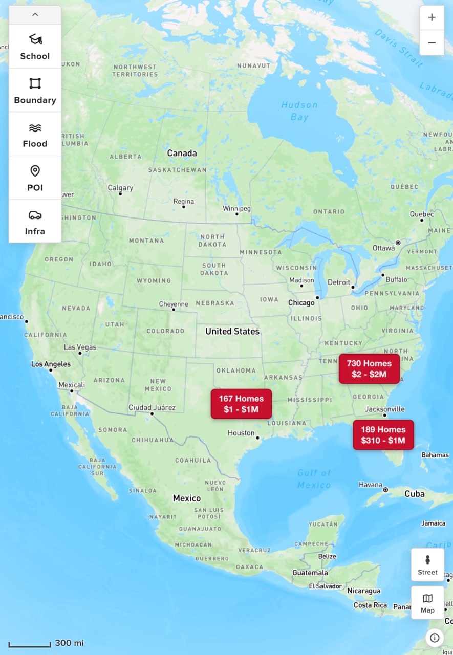 Mark Spain map view showing clustered home listings across the US