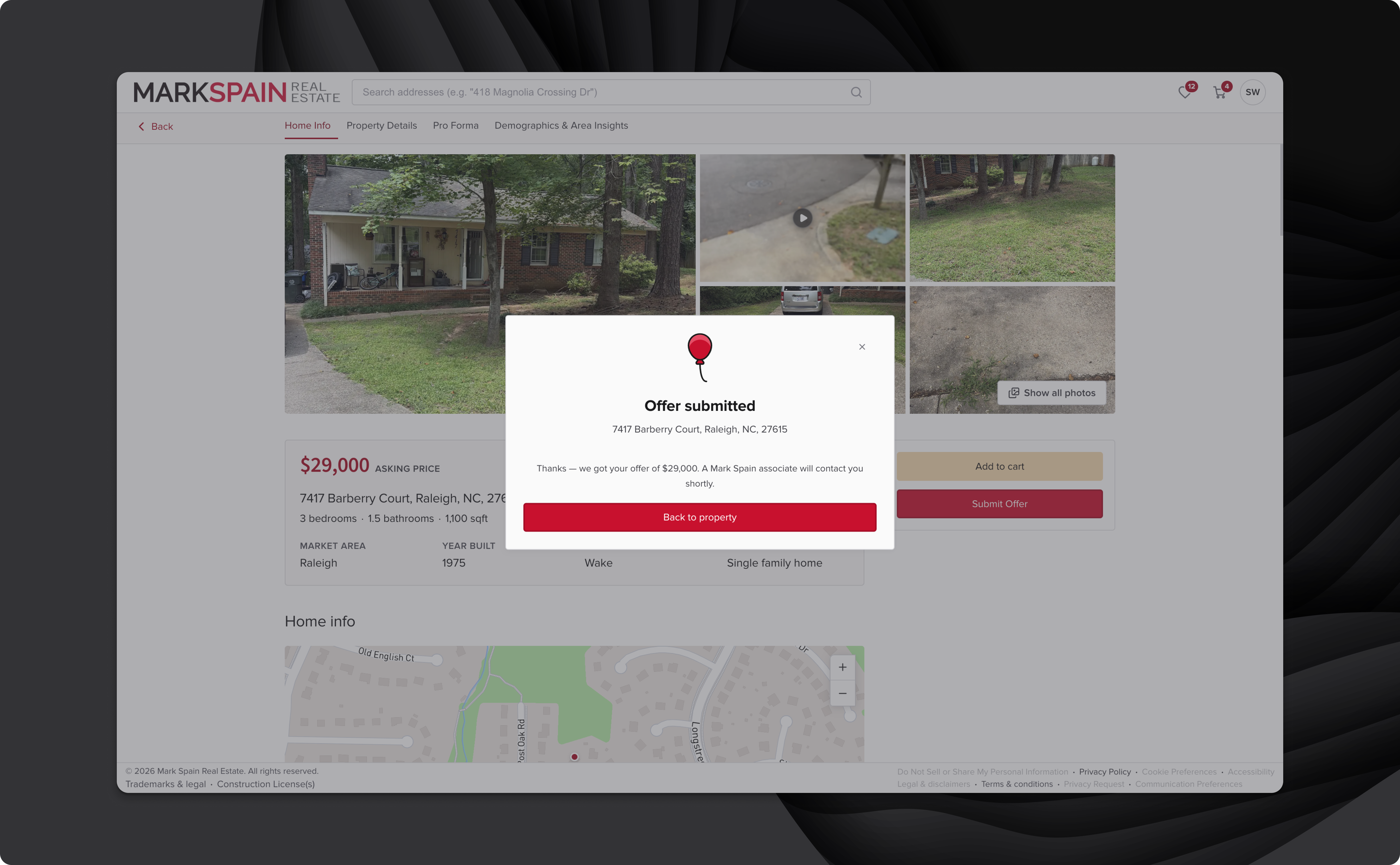Mark Spain offer submitted confirmation with red balloon illustration